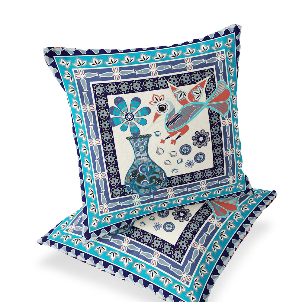 Homeroots Set Of Two 16" X 16" Blue And Off White Peacock Blown Seam Floral Indoor Outdoor Throw Pillow  Polyester 535679