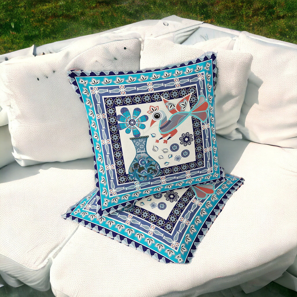 Homeroots Set Of Two 16" X 16" Blue And Off White Peacock Blown Seam Floral Indoor Outdoor Throw Pillow  Polyester 535679