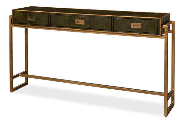Sarreid Shagreen Console Table With Elegant Leaf Finish And Brass Hardware - Stylish Iron & Leather Design Green  53568-3