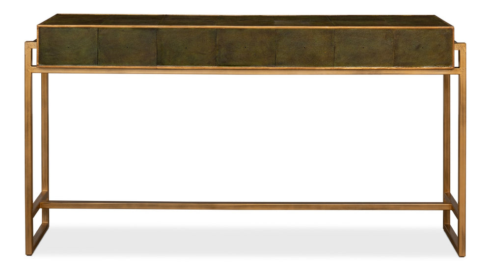 Sarreid Shagreen Console Table With Elegant Leaf Finish And Brass Hardware - Stylish Iron & Leather Design Green  53568-3