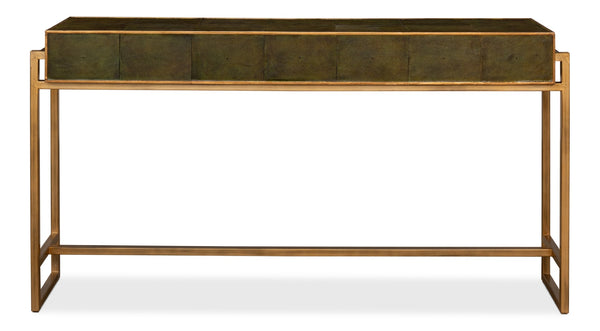Sarreid Shagreen Console Table With Elegant Leaf Finish And Brass Hardware - Stylish Iron & Leather Design Green  53568-3