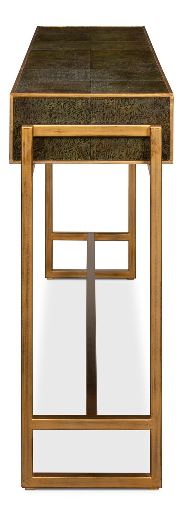 Sarreid Shagreen Console Table With Elegant Leaf Finish And Brass Hardware - Stylish Iron & Leather Design Green  53568-3