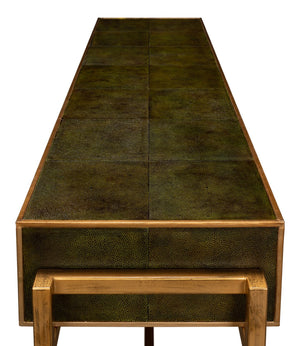 Sarreid Shagreen Console Table With Elegant Leaf Finish And Brass Hardware - Stylish Iron & Leather Design Green  53568-3
