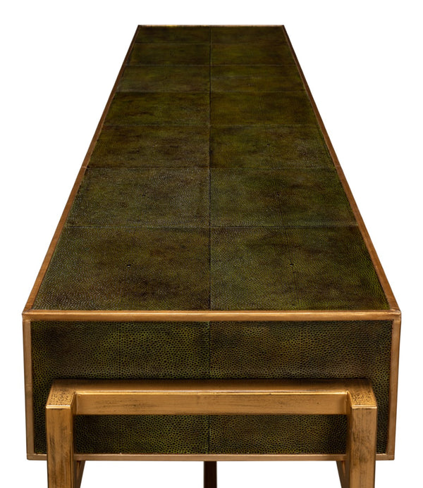Sarreid Shagreen Console Table With Elegant Leaf Finish And Brass Hardware - Stylish Iron & Leather Design Green  53568-3