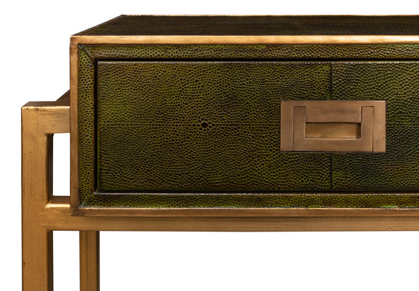 Sarreid Shagreen Console Table With Elegant Leaf Finish And Brass Hardware - Stylish Iron & Leather Design Green  53568-3