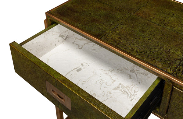 Sarreid Shagreen Console Table With Elegant Leaf Finish And Brass Hardware - Stylish Iron & Leather Design Green  53568-3