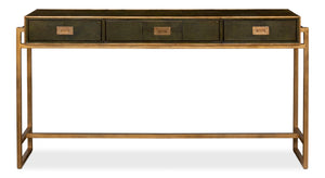 Sarreid Shagreen Console Table With Elegant Leaf Finish And Brass Hardware - Stylish Iron & Leather Design Green  53568-3