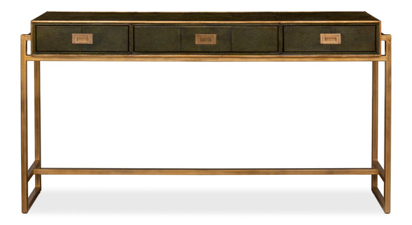 Sarreid Shagreen Console Table With Elegant Leaf Finish And Brass Hardware - Stylish Iron & Leather Design Green  53568-3