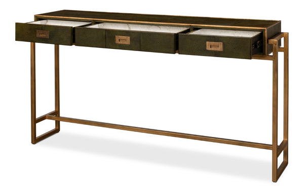 Sarreid Shagreen Console Table With Elegant Leaf Finish And Brass Hardware - Stylish Iron & Leather Design Green  53568-3