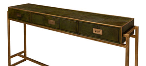 Sarreid Shagreen Console Table With Elegant Leaf Finish And Brass Hardware - Stylish Iron & Leather Design Green  53568-3
