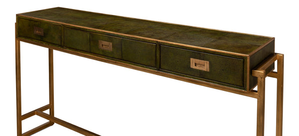 Sarreid Shagreen Console Table With Elegant Leaf Finish And Brass Hardware - Stylish Iron & Leather Design Green  53568-3