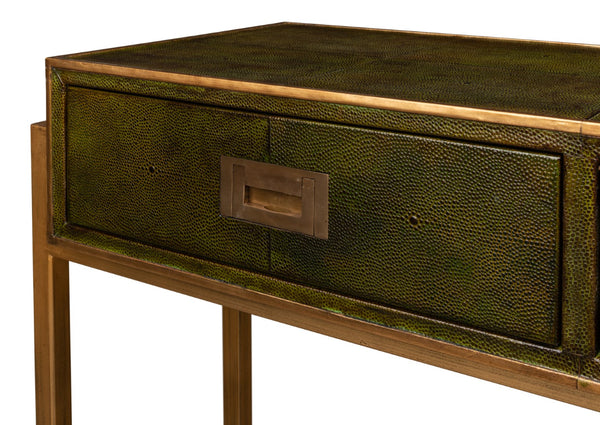 Sarreid Shagreen Console Table With Elegant Leaf Finish And Brass Hardware - Stylish Iron & Leather Design Green  53568-3