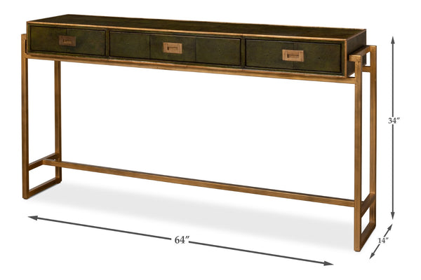 Sarreid Shagreen Console Table With Elegant Leaf Finish And Brass Hardware - Stylish Iron & Leather Design Green  53568-3