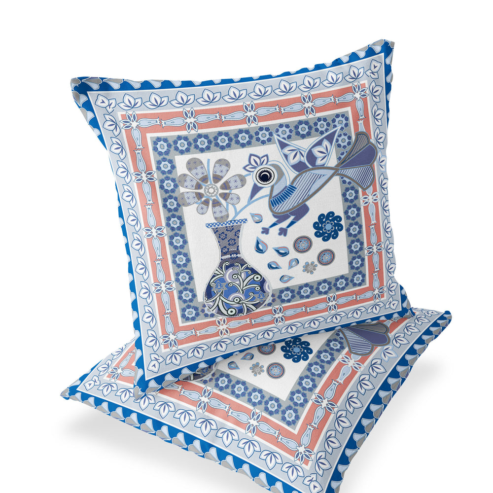 Homeroots Set Of Two 16" X 16" Blue And Gray Peacock Blown Seam Floral Indoor Outdoor Throw Pillow  Polyester 535680