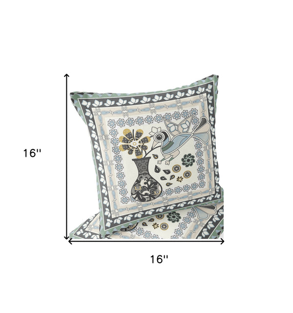 Homeroots Set Of Two 16" X 16" Black And Gray Peacock Blown Seam Floral Indoor Outdoor Throw Pillow  Polyester 535681