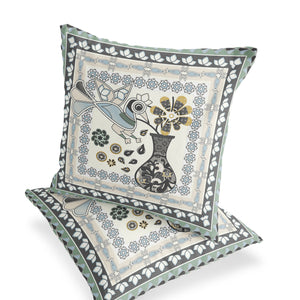 Homeroots Set Of Two 16" X 16" Black And Gray Peacock Blown Seam Floral Indoor Outdoor Throw Pillow  Polyester 535681