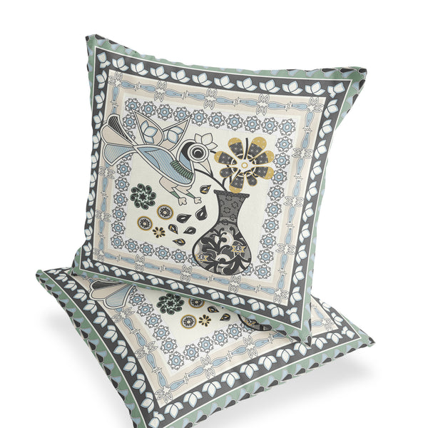 Homeroots Set Of Two 16" X 16" Black And Gray Peacock Blown Seam Floral Indoor Outdoor Throw Pillow  Polyester 535681