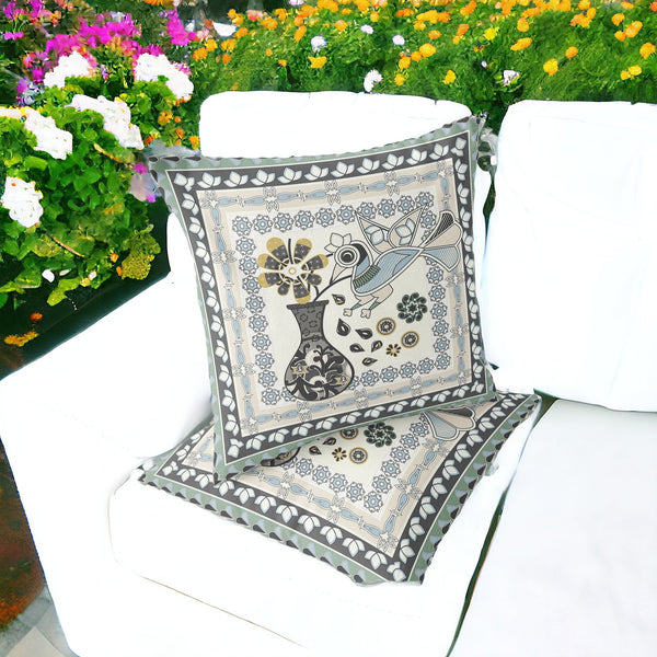 Homeroots Set Of Two 16" X 16" Black And Gray Peacock Blown Seam Floral Indoor Outdoor Throw Pillow  Polyester 535681
