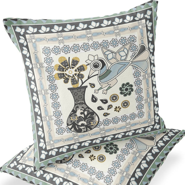 Homeroots Set Of Two 16" X 16" Black And Gray Peacock Blown Seam Floral Indoor Outdoor Throw Pillow  Polyester 535681