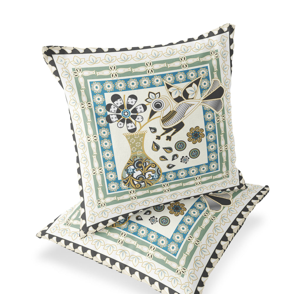 Homeroots Set Of Two 16" X 16" Blue And Yellow Peacock Blown Seam Floral Indoor Outdoor Throw Pillow  Polyester 535682