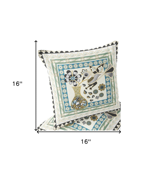 Homeroots Set Of Two 16" X 16" Blue And Yellow Peacock Blown Seam Floral Indoor Outdoor Throw Pillow  Polyester 535682