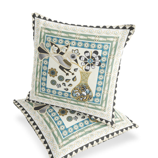 Homeroots Set Of Two 16" X 16" Blue And Yellow Peacock Blown Seam Floral Indoor Outdoor Throw Pillow  Polyester 535682