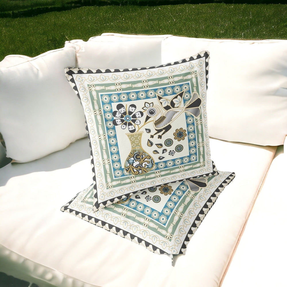 Homeroots Set Of Two 16" X 16" Blue And Yellow Peacock Blown Seam Floral Indoor Outdoor Throw Pillow  Polyester 535682