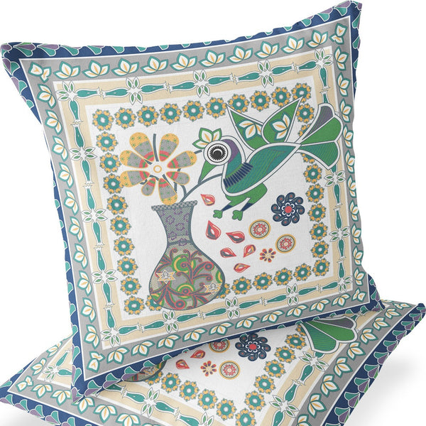 Homeroots Set Of Two 16" X 16" Green And Yellow Peacock Blown Seam Floral Indoor Outdoor Throw Pillow  Polyester 535683