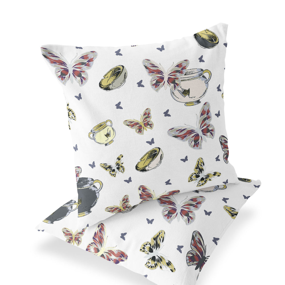 Homeroots Set Of Two 16" X 16" Blue And White Butterfly Blown Seam Animal Print Indoor Outdoor Throw Pillow  Polyester 535685