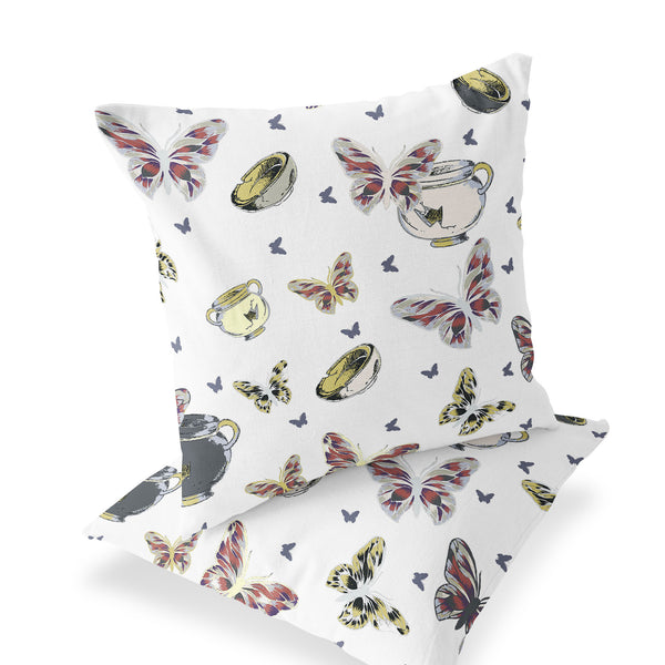 Homeroots Set Of Two 16" X 16" Blue And White Butterfly Blown Seam Animal Print Indoor Outdoor Throw Pillow  Polyester 535685