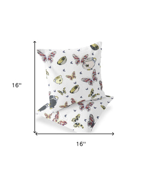 Homeroots Set Of Two 16" X 16" Blue And White Butterfly Blown Seam Animal Print Indoor Outdoor Throw Pillow  Polyester 535685