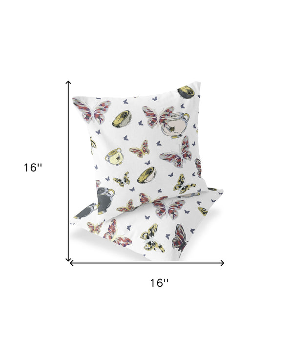 Homeroots Set Of Two 16" X 16" Blue And White Butterfly Blown Seam Animal Print Indoor Outdoor Throw Pillow  Polyester 535685