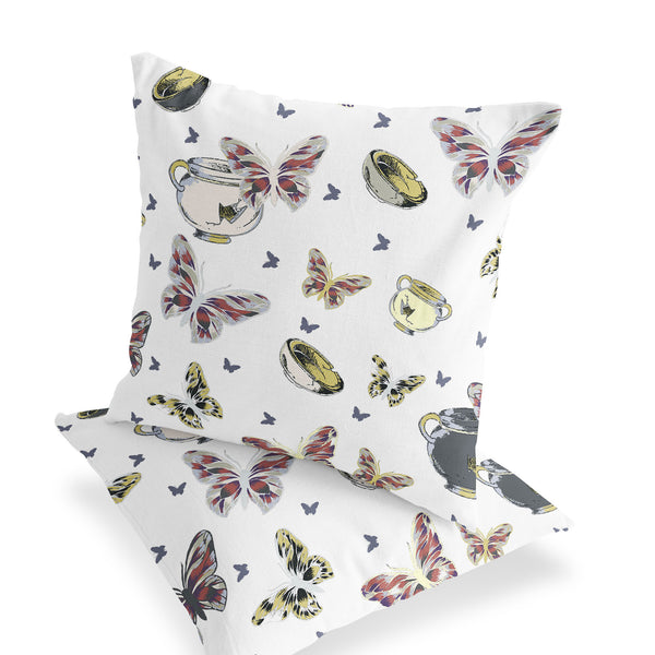 Homeroots Set Of Two 16" X 16" Blue And White Butterfly Blown Seam Animal Print Indoor Outdoor Throw Pillow  Polyester 535685