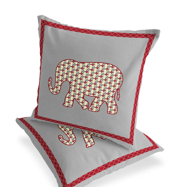 Homeroots Set Of Two 16" X 16" Gray And Red Elephant Blown Seam Animal Print Indoor Outdoor Throw Pillow  Polyester 535686