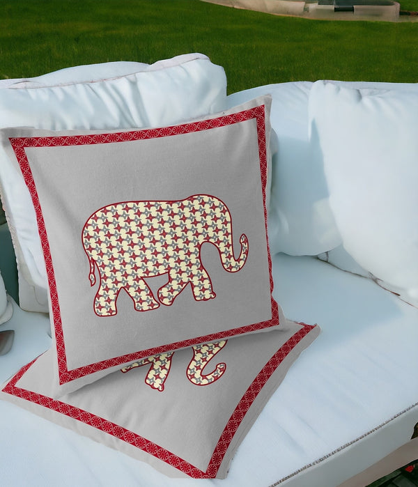 Homeroots Set Of Two 16" X 16" Gray And Red Elephant Blown Seam Animal Print Indoor Outdoor Throw Pillow  Polyester 535686