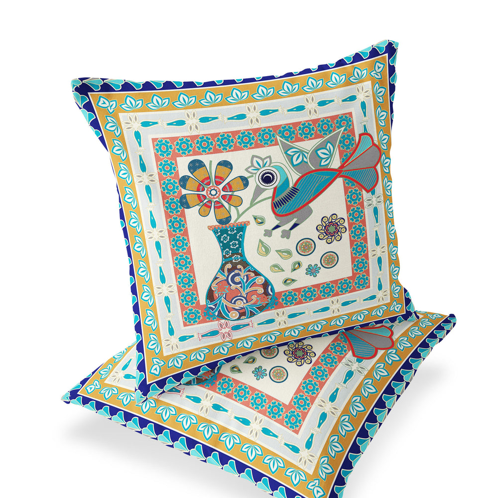 Homeroots Set Of Two 16" X 16" Blue And Gold Peacock Blown Seam Floral Indoor Outdoor Throw Pillow  Polyester 535688