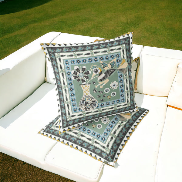 Homeroots Set Of Two 16" X 16" Green And Black Peacock Blown Seam Floral Indoor Outdoor Throw Pillow  Polyester 535689