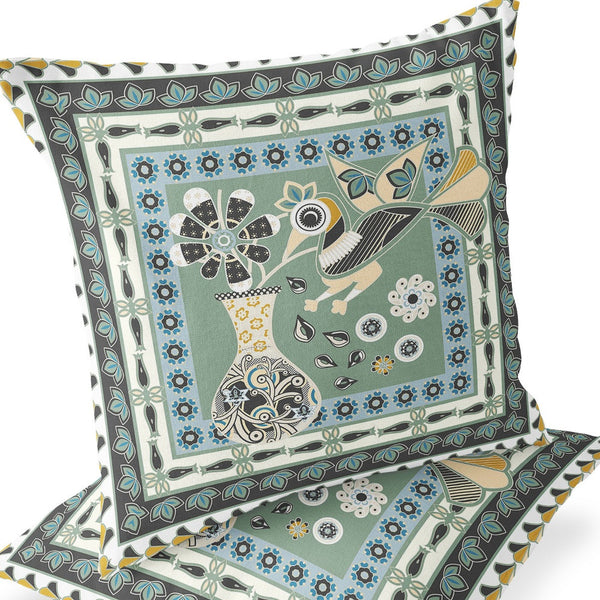 Homeroots Set Of Two 16" X 16" Green And Black Peacock Blown Seam Floral Indoor Outdoor Throw Pillow  Polyester 535689