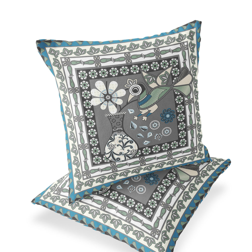 Homeroots Set Of Two 16" X 16" Black Gray And White Peacock Blown Seam Floral Indoor Outdoor Throw Pillow  Polyester 535691