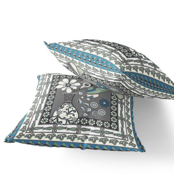 Homeroots Set Of Two 16" X 16" Black Gray And White Peacock Blown Seam Floral Indoor Outdoor Throw Pillow  Polyester 535691