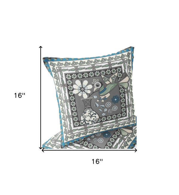 Homeroots Set Of Two 16" X 16" Black Gray And White Peacock Blown Seam Floral Indoor Outdoor Throw Pillow  Polyester 535691