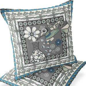 Homeroots Set Of Two 16" X 16" Black Gray And White Peacock Blown Seam Floral Indoor Outdoor Throw Pillow  Polyester 535691