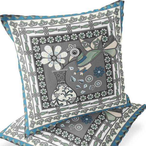Homeroots Set Of Two 16" X 16" Black Gray And White Peacock Blown Seam Floral Indoor Outdoor Throw Pillow  Polyester 535691