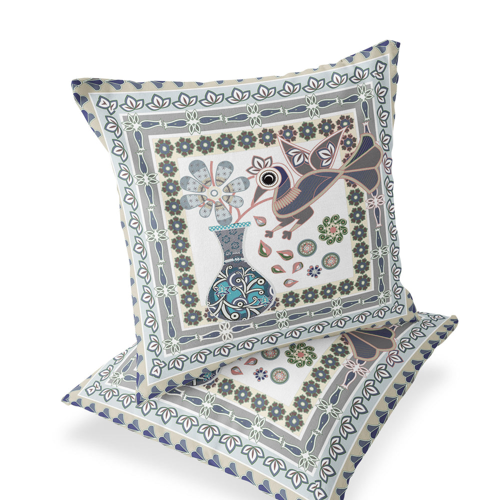 Homeroots Set Of Two 16" X 16" Gray And White Peacock Blown Seam Floral Indoor Outdoor Throw Pillow  Polyester 535692