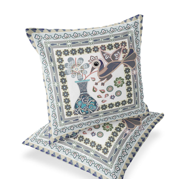 Homeroots Set Of Two 16" X 16" Gray And White Peacock Blown Seam Floral Indoor Outdoor Throw Pillow  Polyester 535692