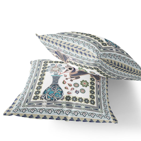 Homeroots Set Of Two 16" X 16" Gray And White Peacock Blown Seam Floral Indoor Outdoor Throw Pillow  Polyester 535692