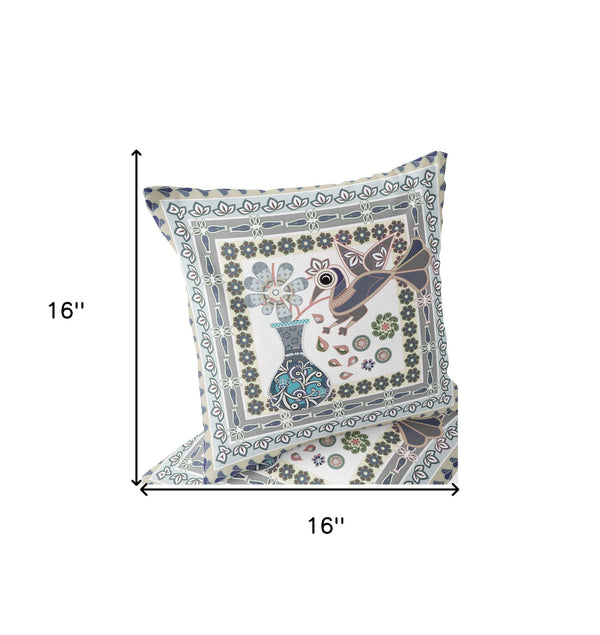 Homeroots Set Of Two 16" X 16" Gray And White Peacock Blown Seam Floral Indoor Outdoor Throw Pillow  Polyester 535692