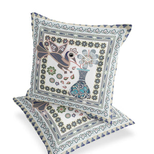 Homeroots Set Of Two 16" X 16" Gray And White Peacock Blown Seam Floral Indoor Outdoor Throw Pillow  Polyester 535692