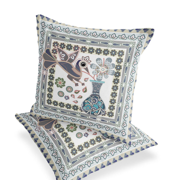 Homeroots Set Of Two 16" X 16" Gray And White Peacock Blown Seam Floral Indoor Outdoor Throw Pillow  Polyester 535692