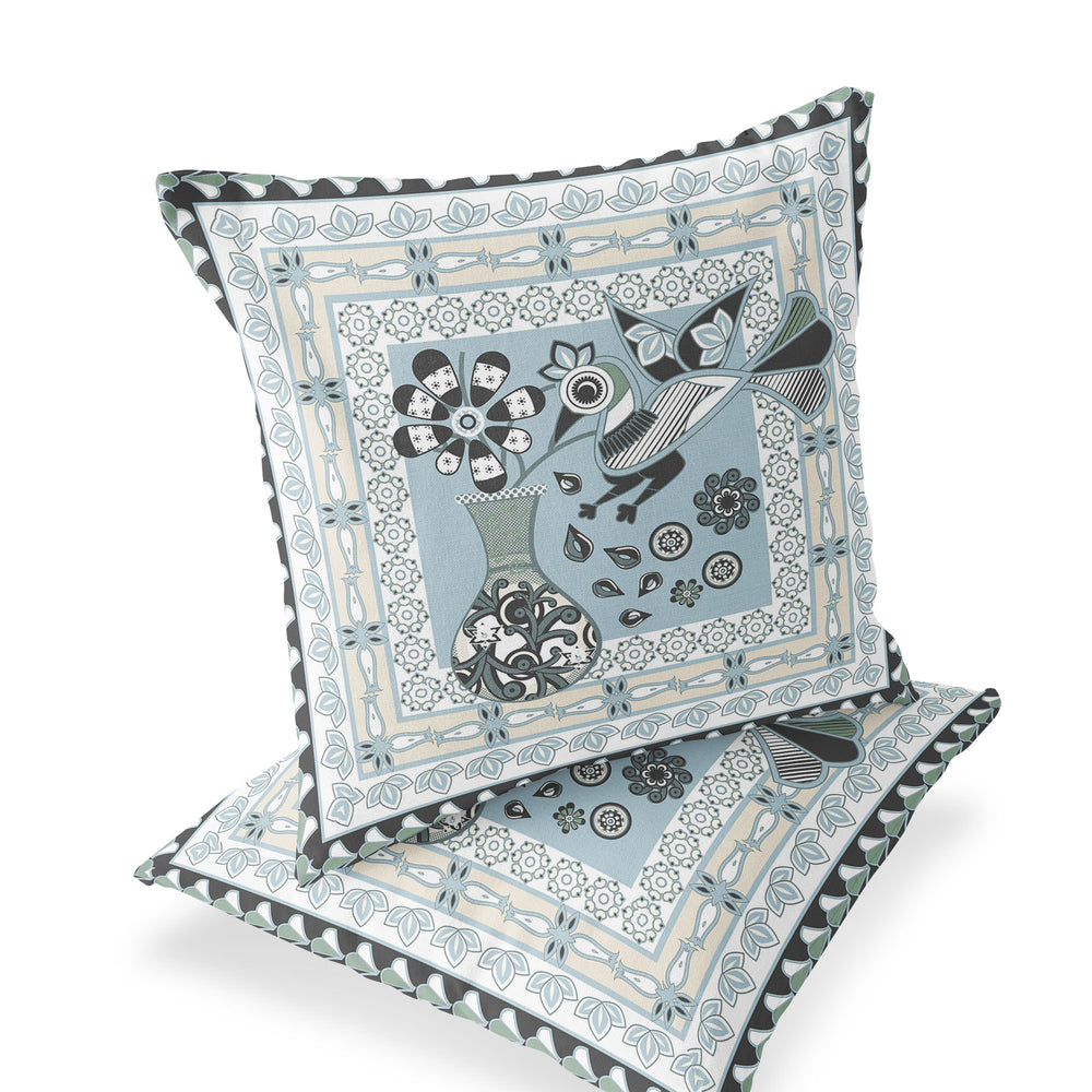 Homeroots Set Of Two 16" X 16" Blue And Black Peacock Blown Seam Floral Indoor Outdoor Throw Pillow  Polyester 535693